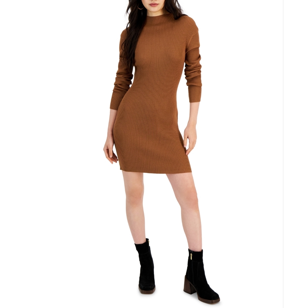 Hooked up by Iot Juniors' Rib-Knit Mock Neck Mini Sweater Dress - Teddy Brown LG